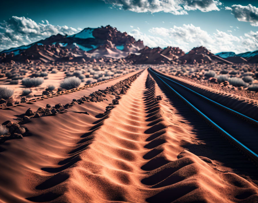 Desert railway track under blue sky with sand dunes & mountains