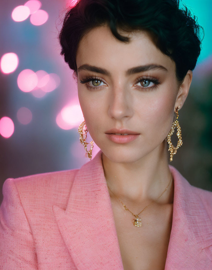 Woman with short hair and blue eyes in pink blazer and gold jewelry on bokeh background