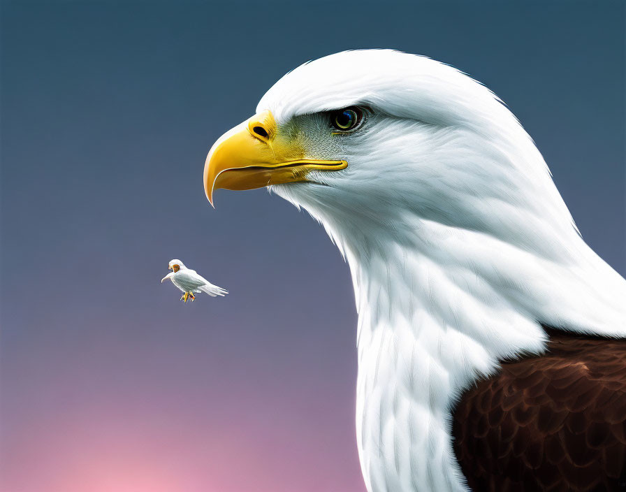 Majestic bald eagle close-up with smaller bird in gradient sky