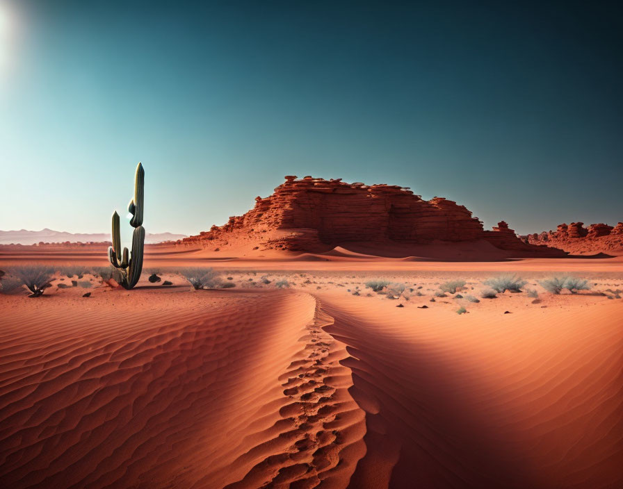 Tranquil desert landscape with lone cactus, sand dunes, and rocky outcrop