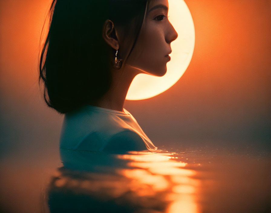 Silhouetted woman against warm sunset reflected in tranquil water