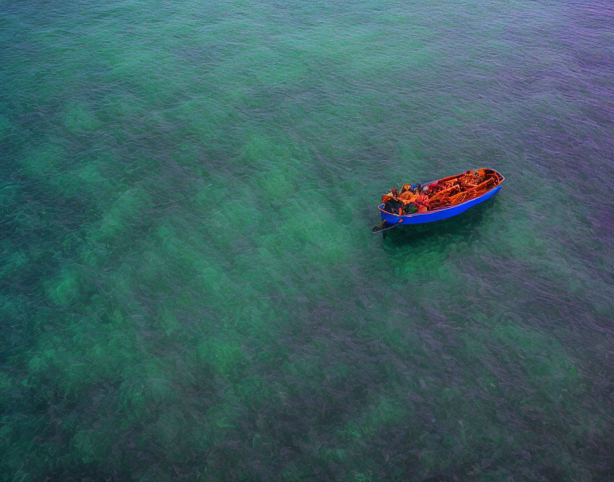 Blue Boat with Orange Objects Floating on Tranquil Sea