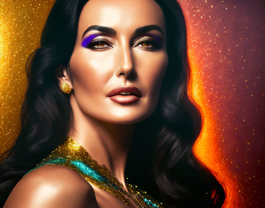 Woman in dramatic makeup and glittery attire on amber backdrop