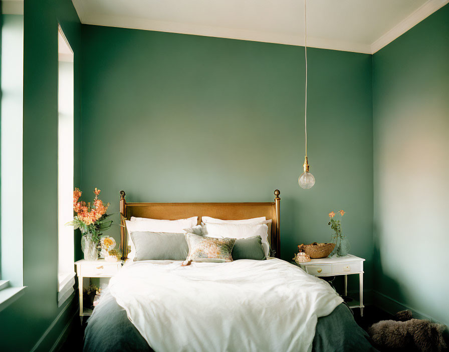 Classic Wooden Bed & Green Decor in Cozy Bedroom