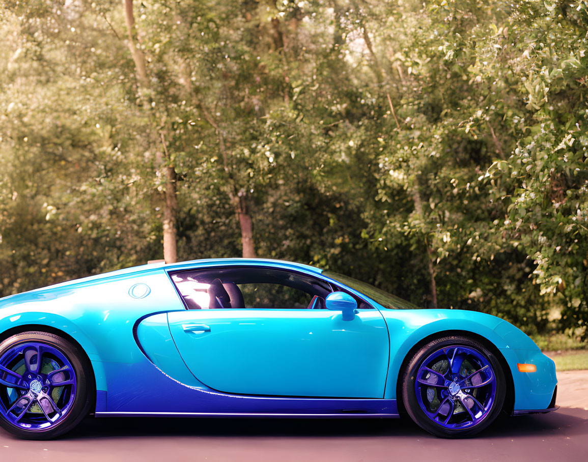 Bright Blue Sports Car with Black Rims Parked Near Green Trees