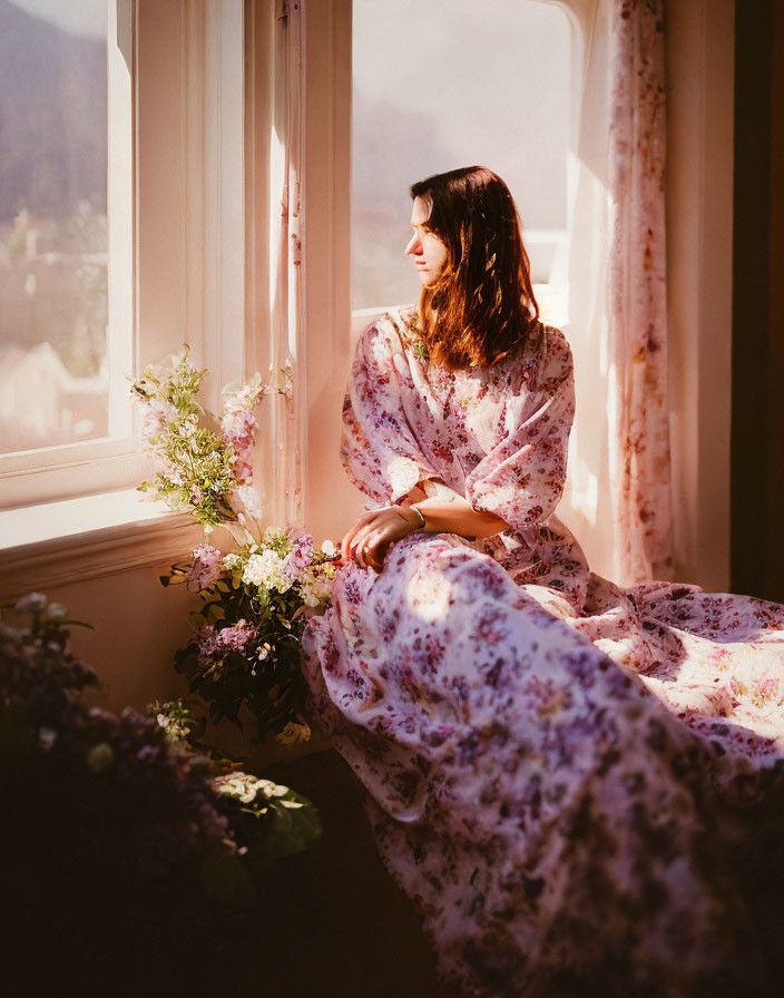 Woman in floral dress by sunlit window with flowers.