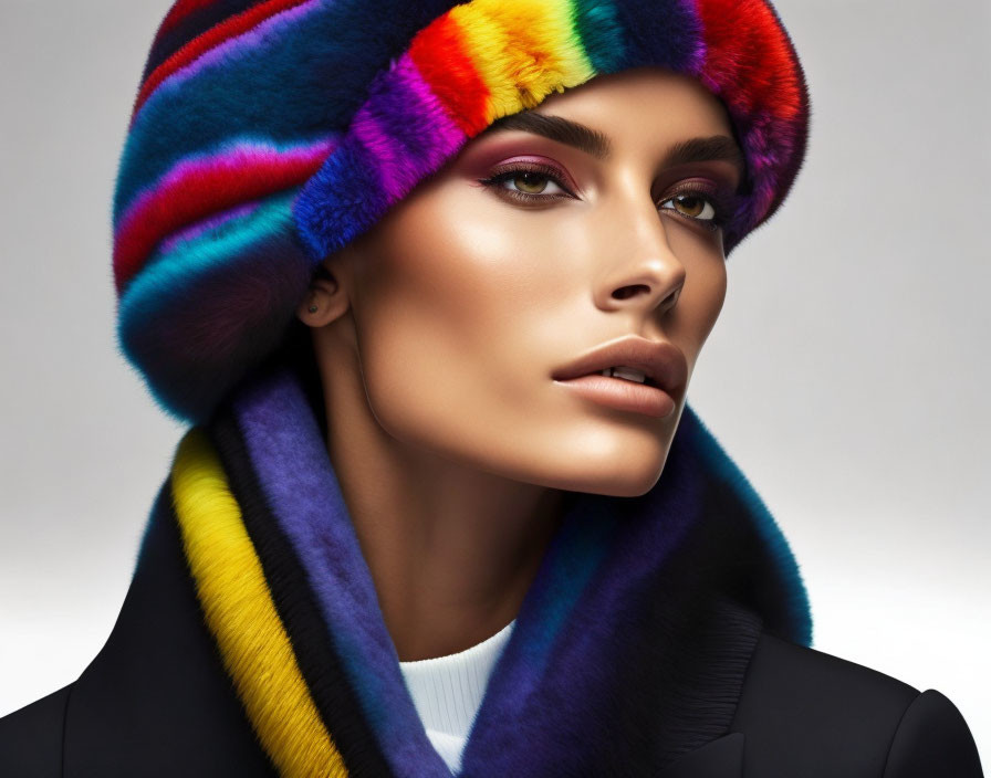 Colorful makeup and fur hat on woman against neutral backdrop