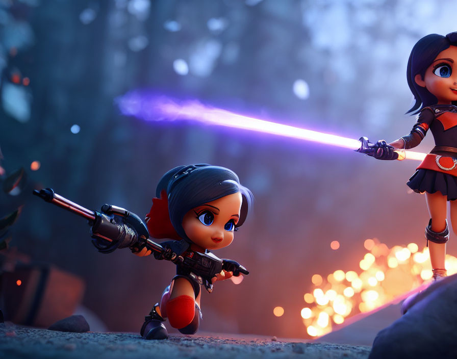 Animated characters with lightsabers in mystical forest battle.