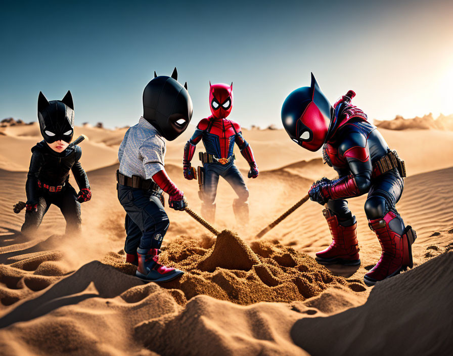 Children in superhero costumes play out battle scene in desert sand