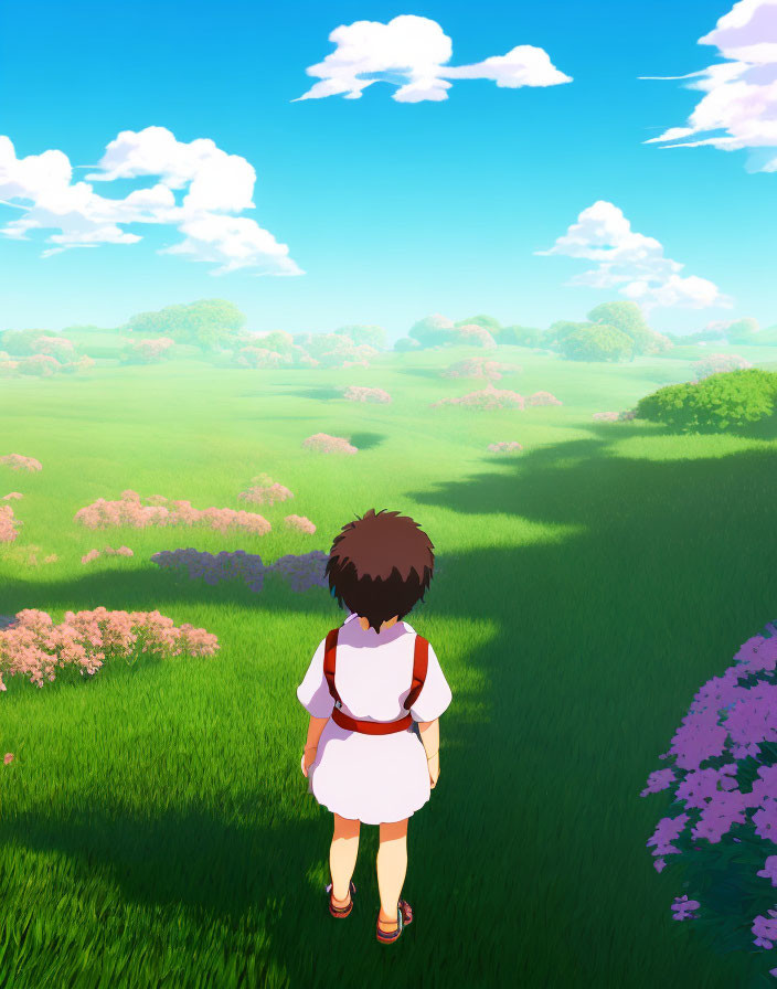 Child in white dress with red backpack in green field under blue sky near pink flowering trees.