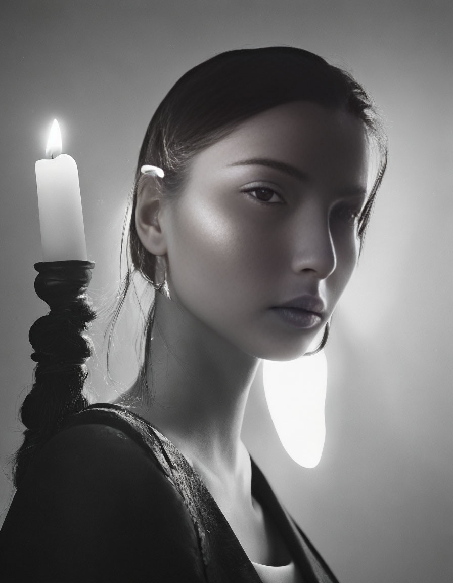 Monochromatic portrait of woman with sleek hair in candlelight