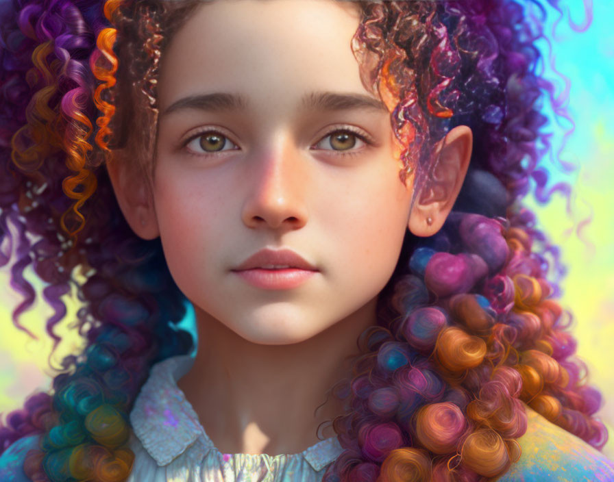 Young girl with elfin ears and multi-colored hair in digital portrait