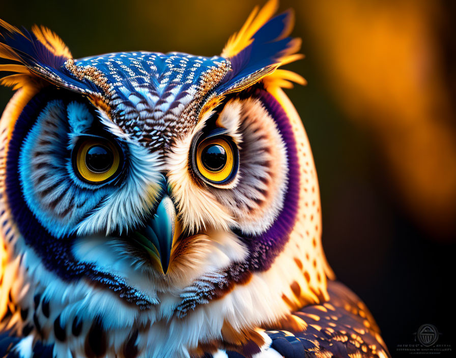 Vibrantly colored owl with intricate feather patterns and large yellow eyes on blurred amber background