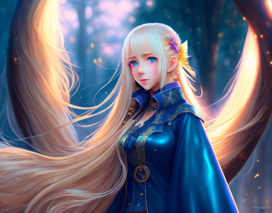 Blonde woman in blue coat in mystical forest illustration