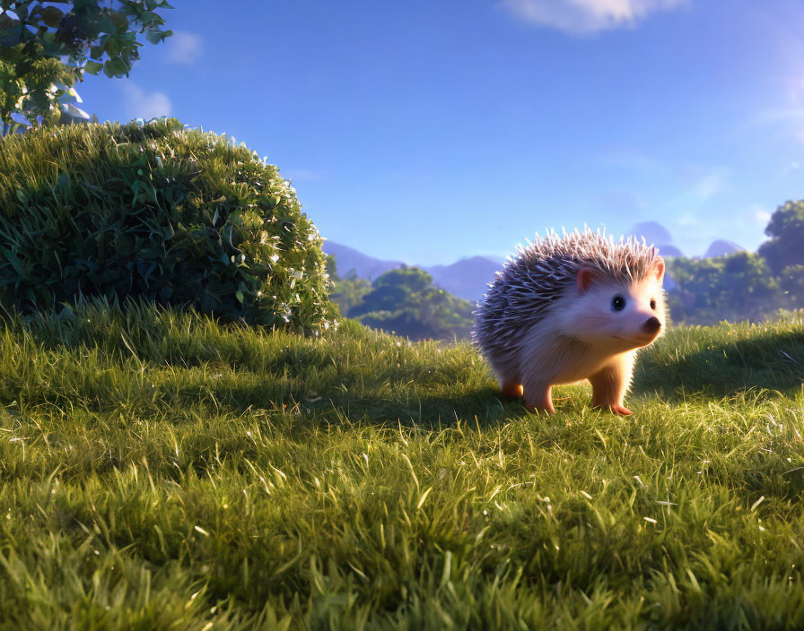 Animated hedgehog strolling in lush green meadow