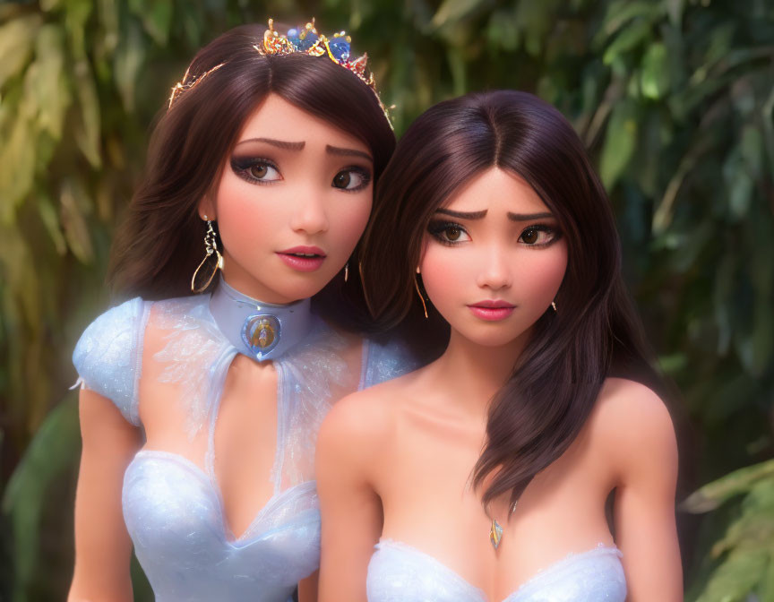 Two animated princess-like characters in blue and subtle outfits gazing intently