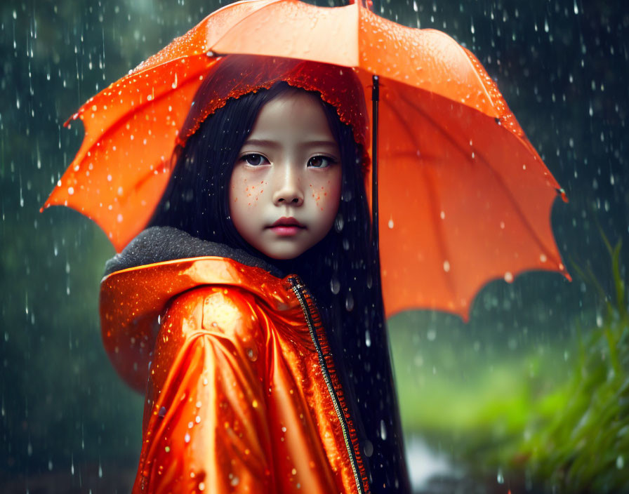 Young girl in raincoat holding orange umbrella in rain - solemn expression.