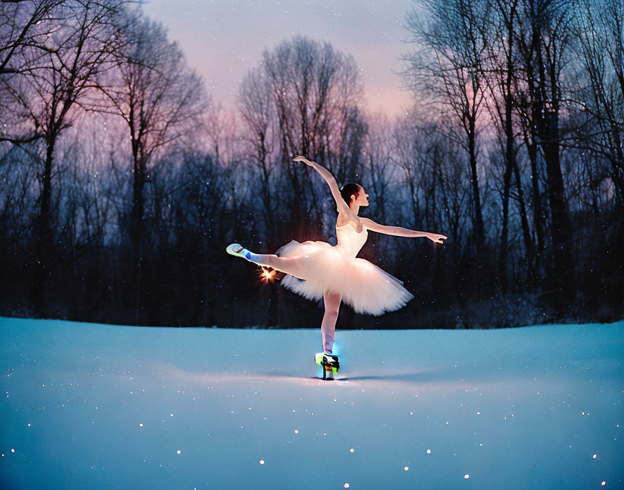 Ballerina in white tutu on snowy landscape at twilight