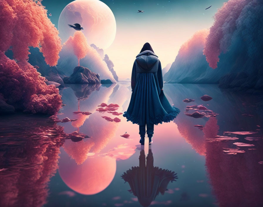 Cloaked figure by serene lake with surreal landscape