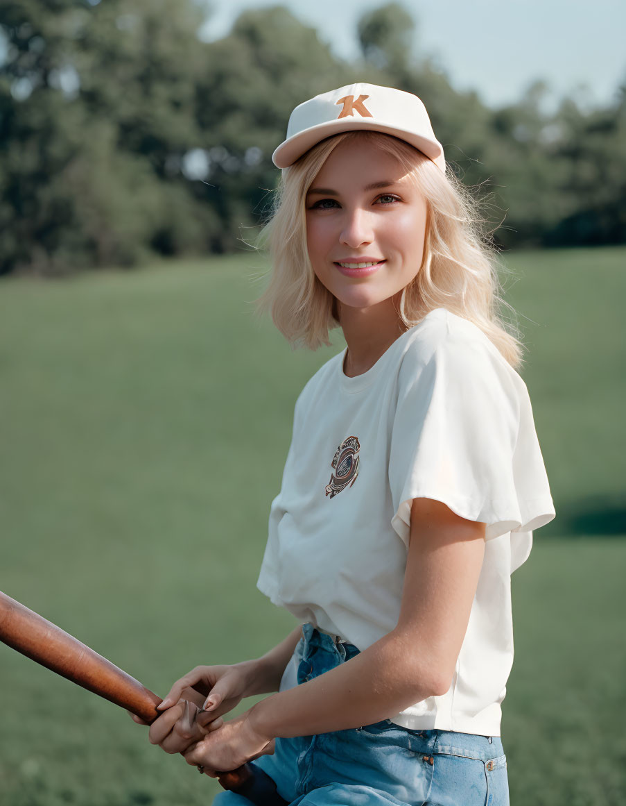 Blonde woman smiling with baseball bat on green field