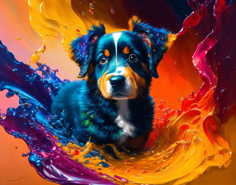 Colorful Bernese Mountain Dog puppy in vibrant artwork