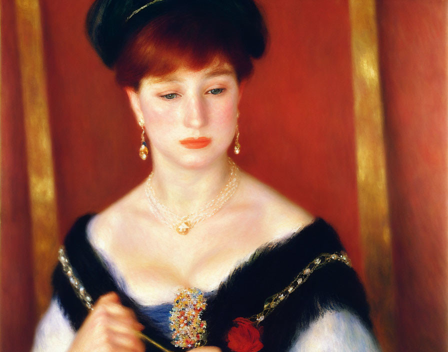 Red-haired woman in black dress with white collar, gold jewelry on red backdrop