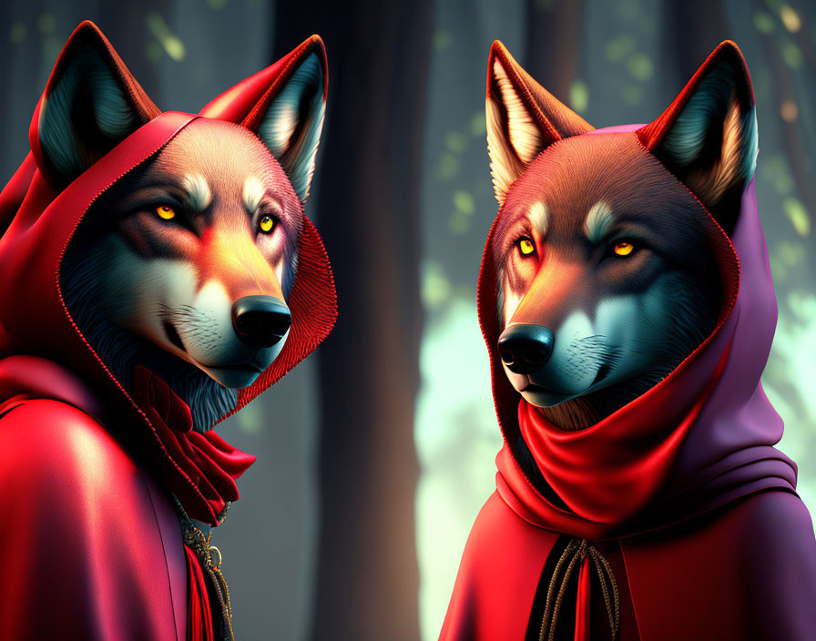 Anthropomorphic foxes in red hoods in mysterious forest