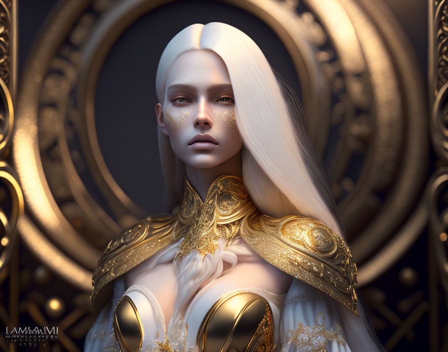 Fantasy-inspired female figure in ornate golden armor and intricate face adornments