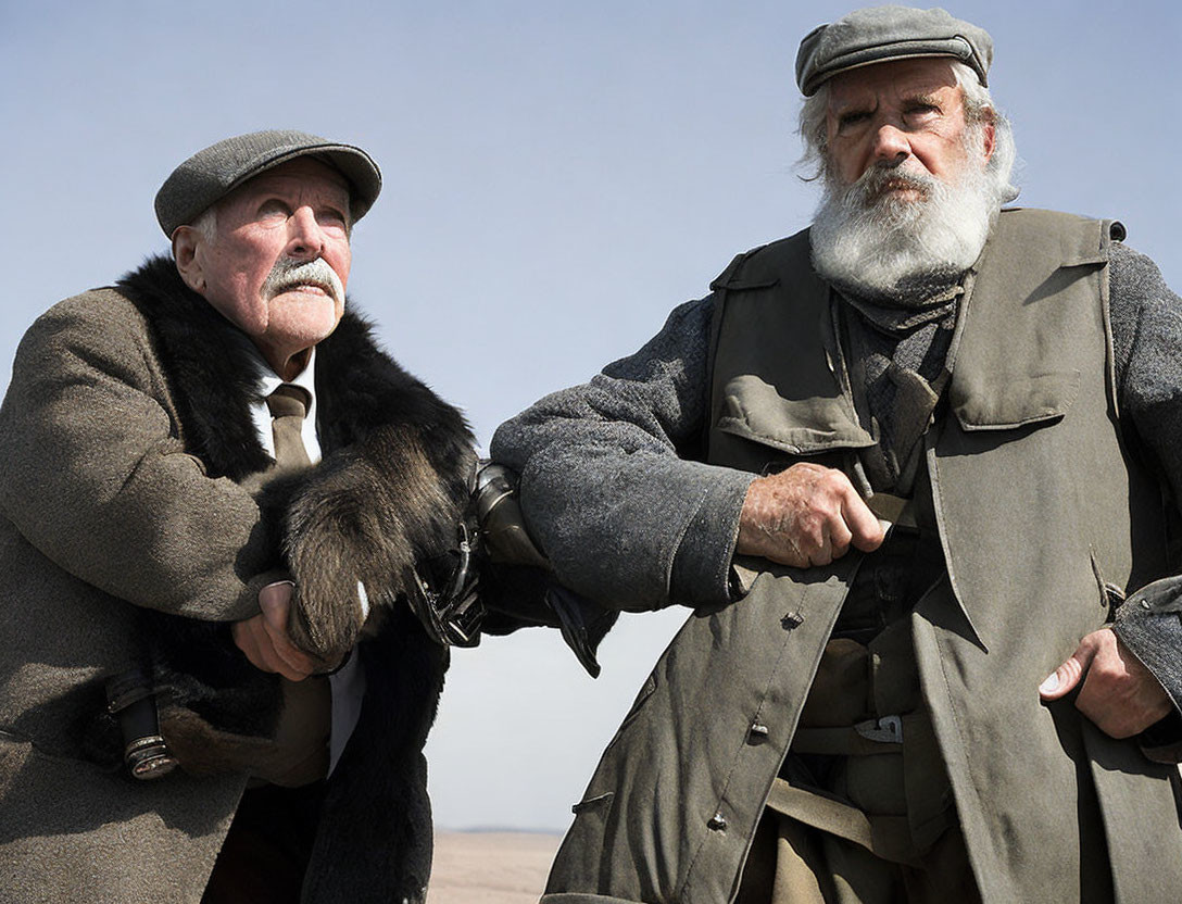 Two elderly men in vintage clothing outdoors, one in cap and fur, the other with beard and coat