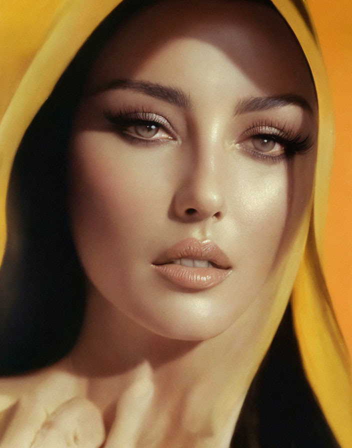 Close-Up Portrait of Woman with Striking Makeup and Yellow Headscarf