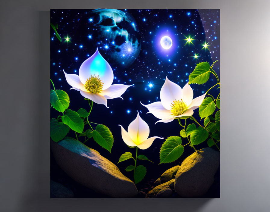 Canvas Print: White Lotus Flowers on Cosmic Background