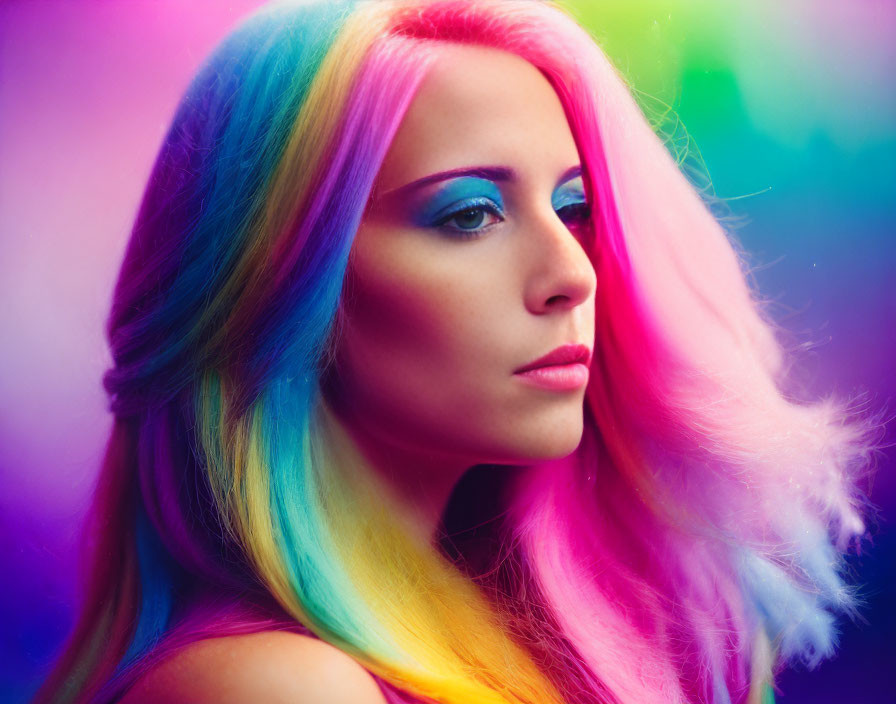 Rainbow-haired woman with matching eyeshadow on colorful backdrop