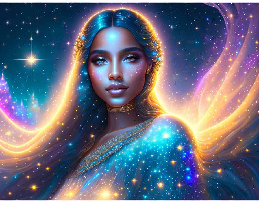 Digital artwork featuring woman with galaxy-themed skin and hair in blue and purple hues.