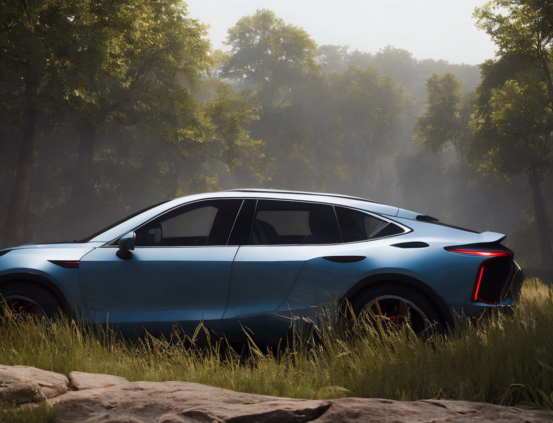 Blue SUV parked in misty forest with lush greenery and tall trees