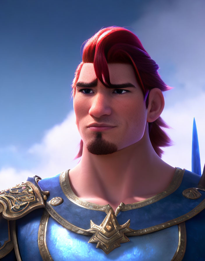 Stylized animated image of heroic figure in red hair and blue armor