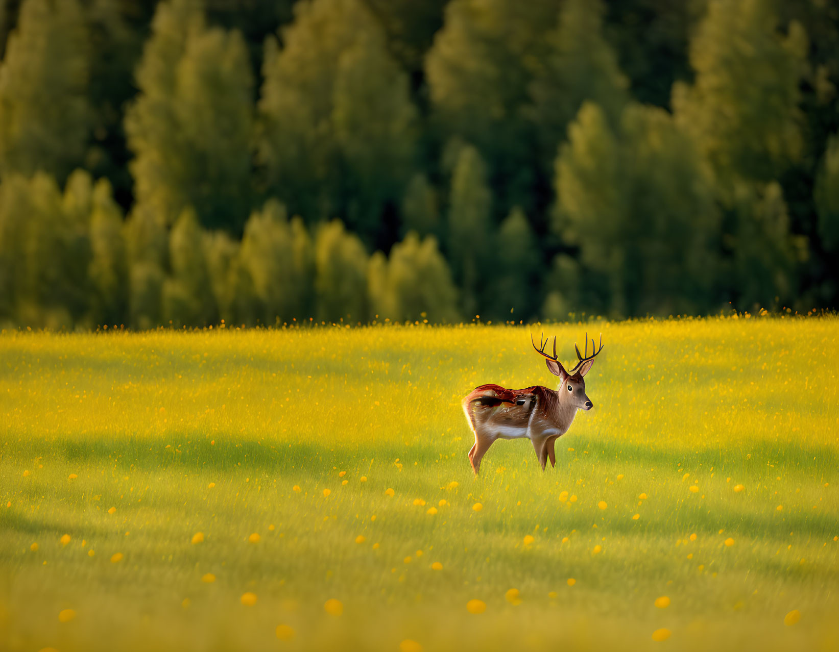 Solitary reindeer in sunlit field with yellow flowers and forest backdrop