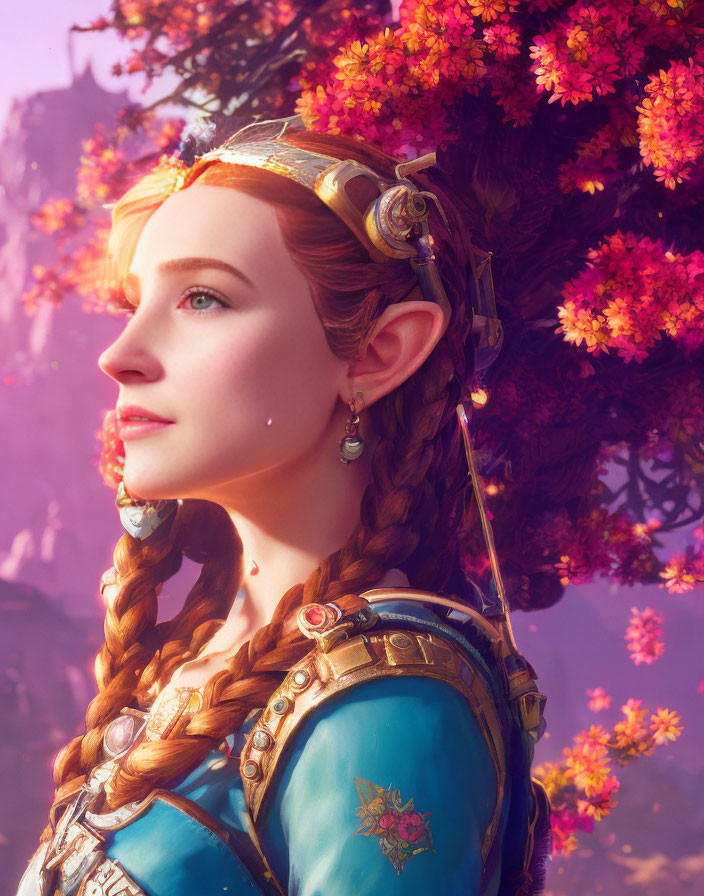 Digital portrait of an elf with braided hair and golden circlet, wearing blue dress, pink bloss