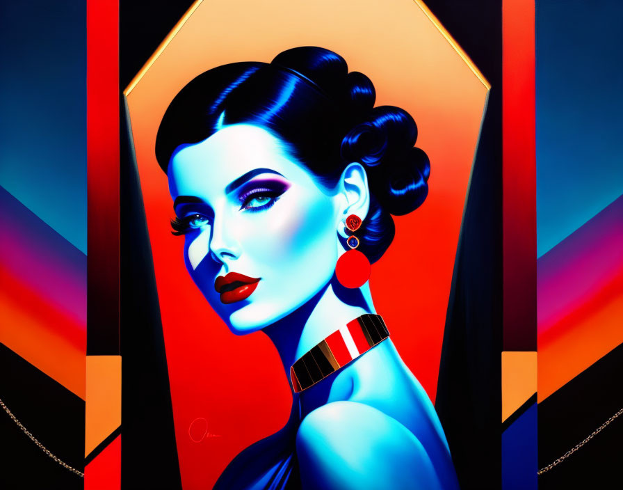 Colorful illustration of stylized woman with blue skin and red lipstick in geometric background