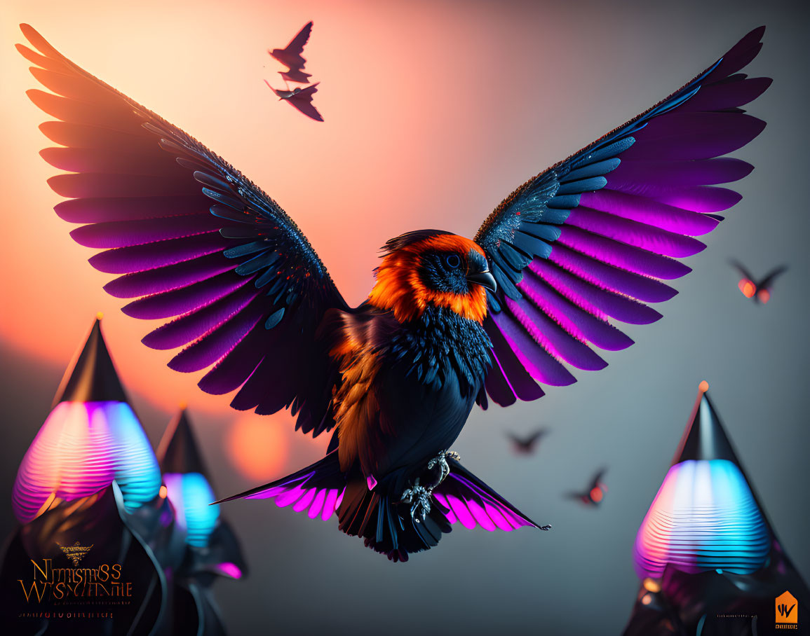 Colorful stylized bird mid-flight against gradient sky & geometric shapes