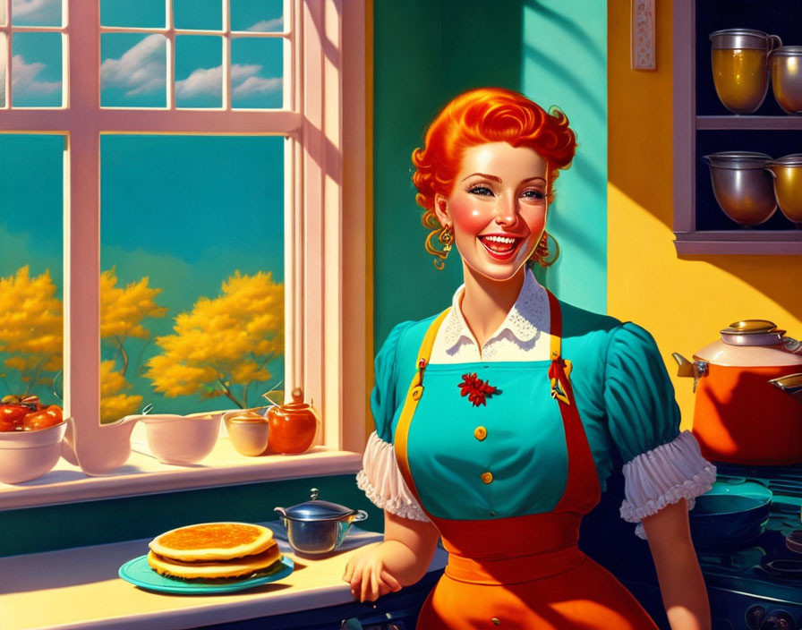 Red-haired woman in blue and orange dress by sunlit retro kitchen window.