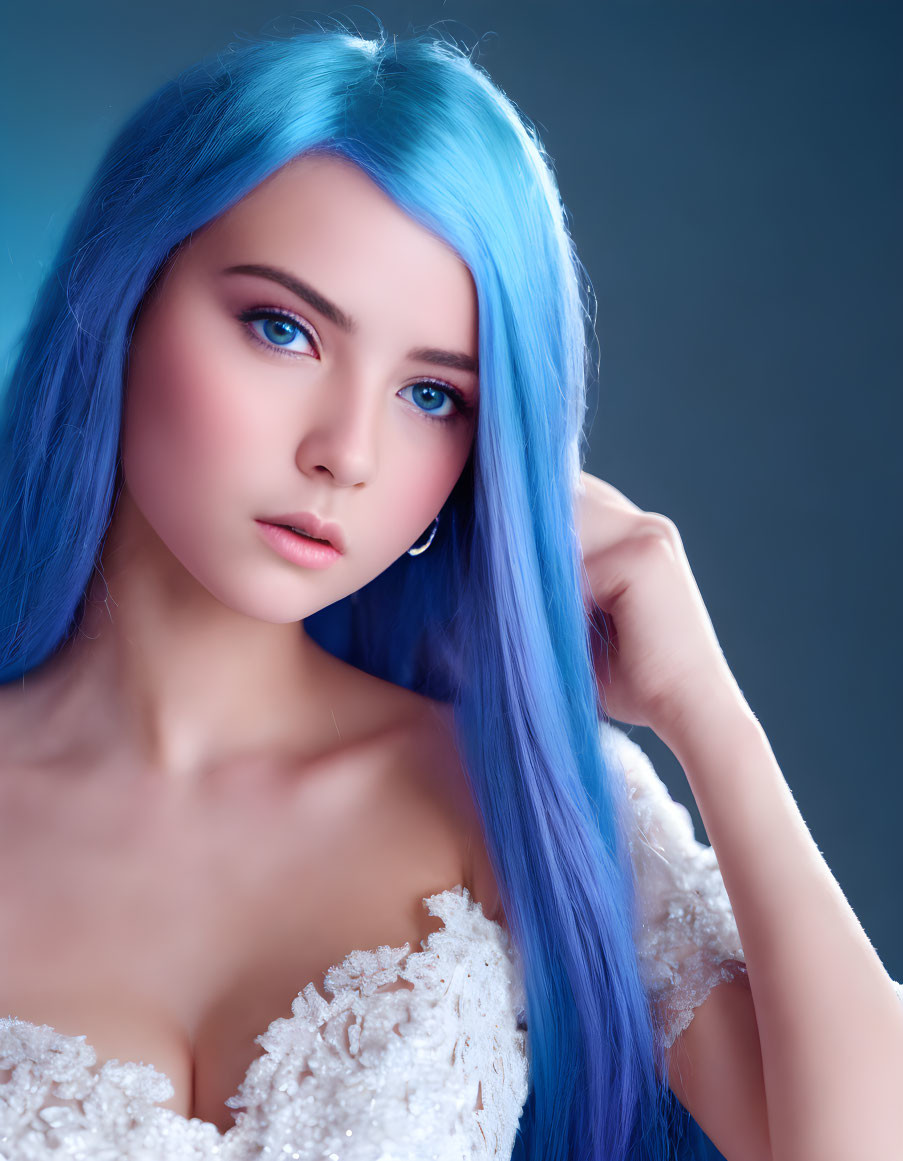 Blue-haired person in white dress with lace, striking blue eyes.