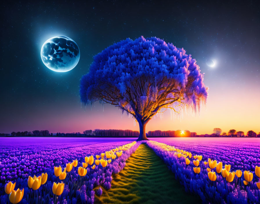 Luminous moon and stars over vibrant night scene with solitary tree and tulips