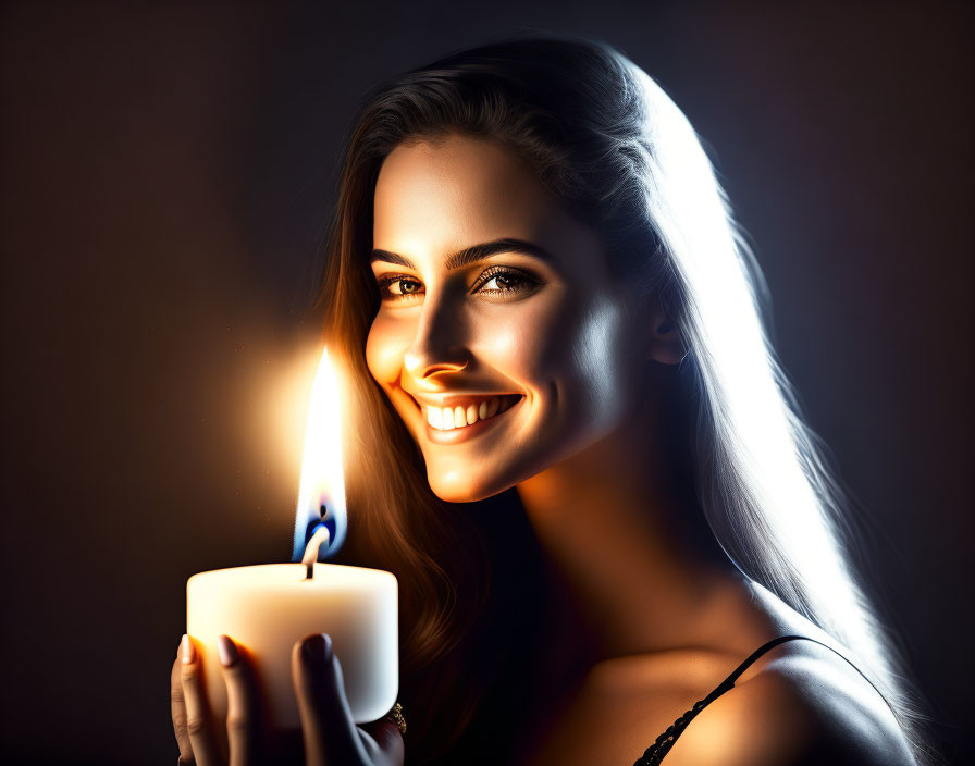 Smiling woman holding a lit candle in soft light