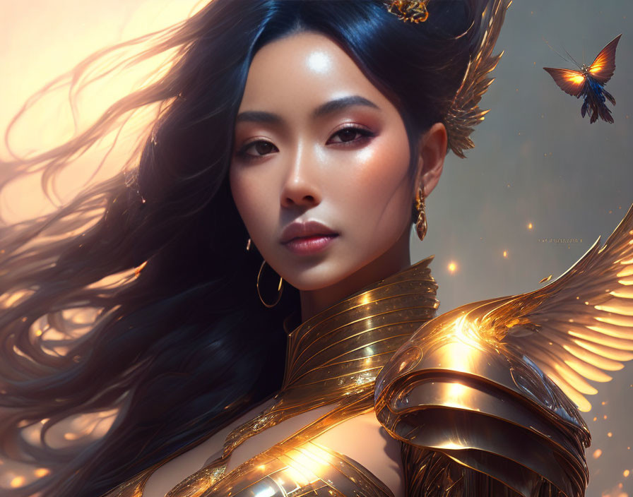 Digital art portrait of woman in golden winged armor with flowing hair and glowing butterfly.