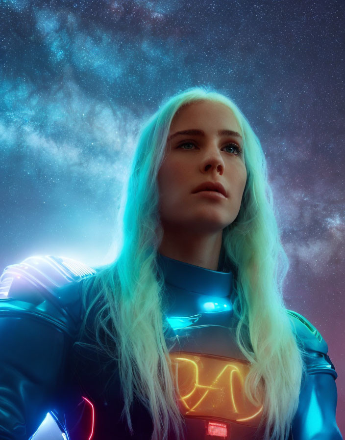 Blond person in futuristic suit under starry night sky