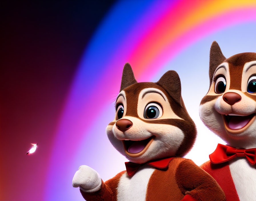 Animated chipmunk characters with red bows on colorful rainbow background