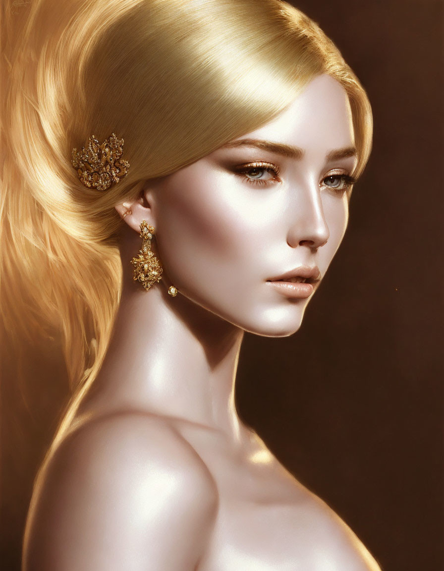 Woman with Golden Hair and Decorative Hairpiece in Warm Setting