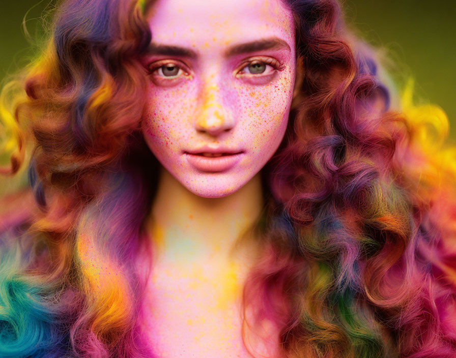 Vibrant rainbow-colored curly hair and freckles on person against colorful background