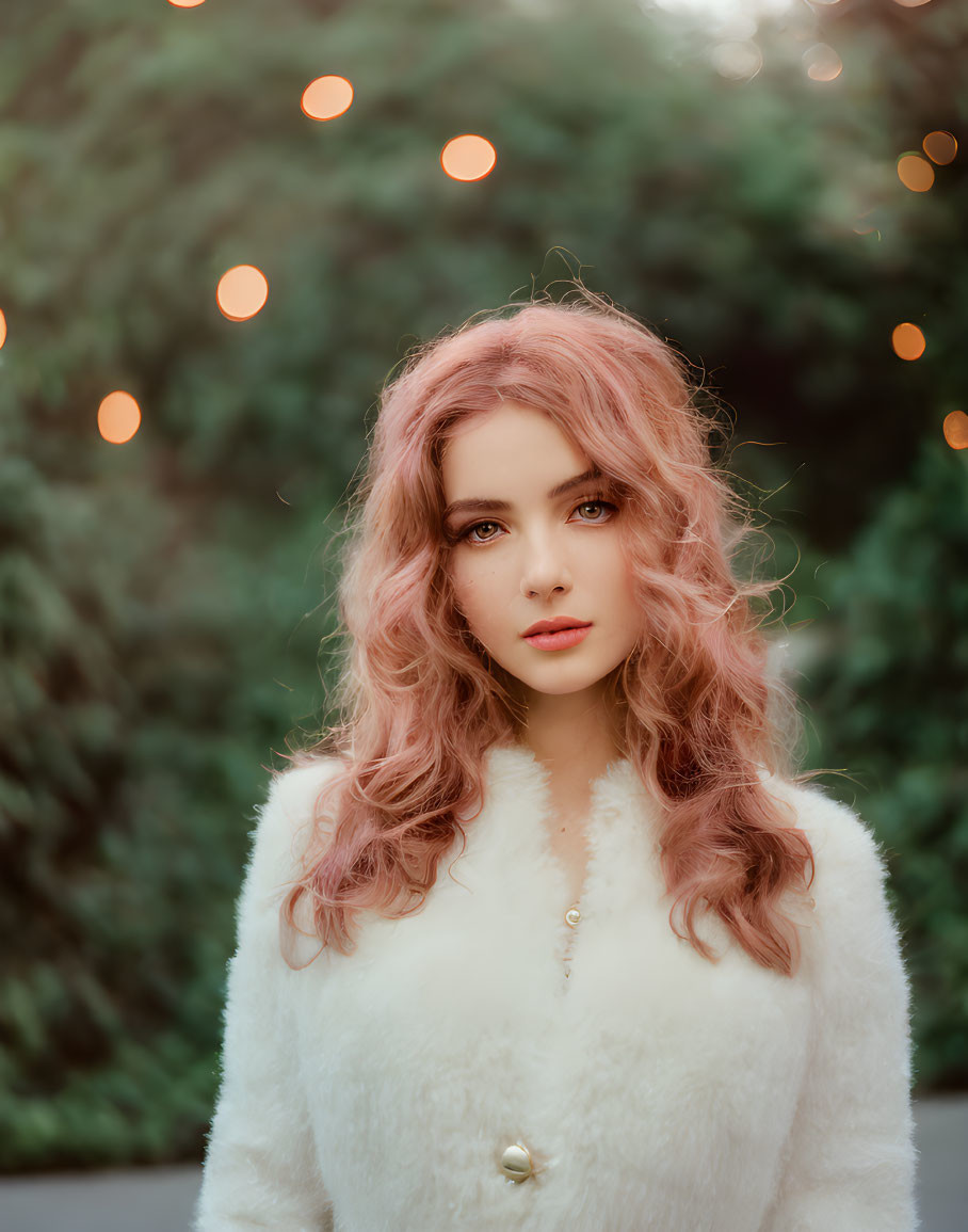 Pink-haired woman in white fur coat surrounded by greenery and bokeh lights