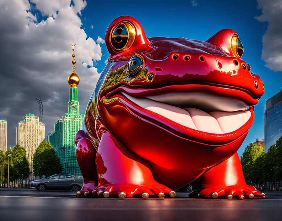 Oversized red frog sculpture in urban setting with trees and skyscrapers